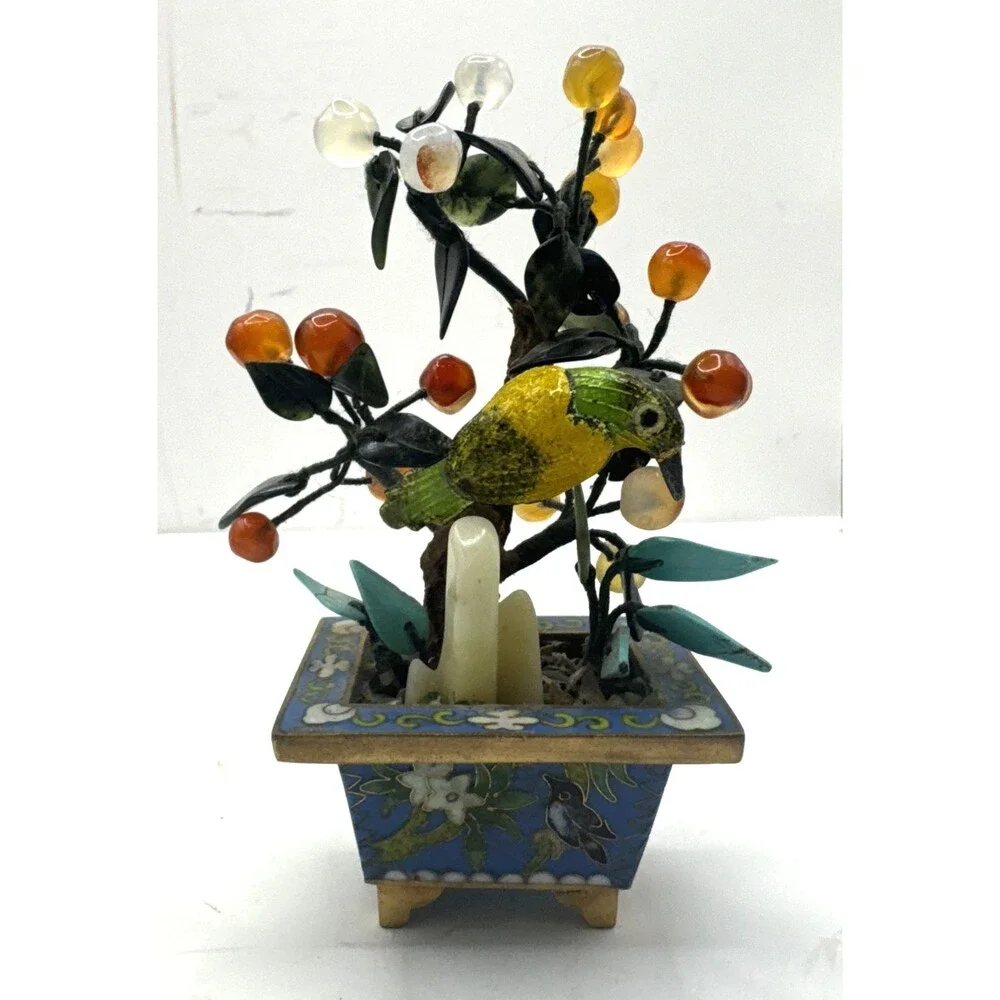 Pair of Antique 20th c. Chinese Parrot, Turquoise Agate Flower Bonsai Tree